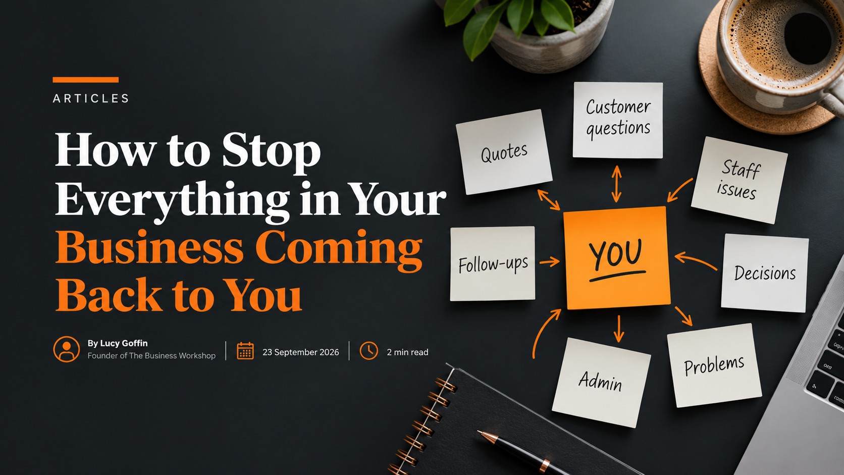 Article graphic showing business tasks and decisions repeatedly coming back to the owner.