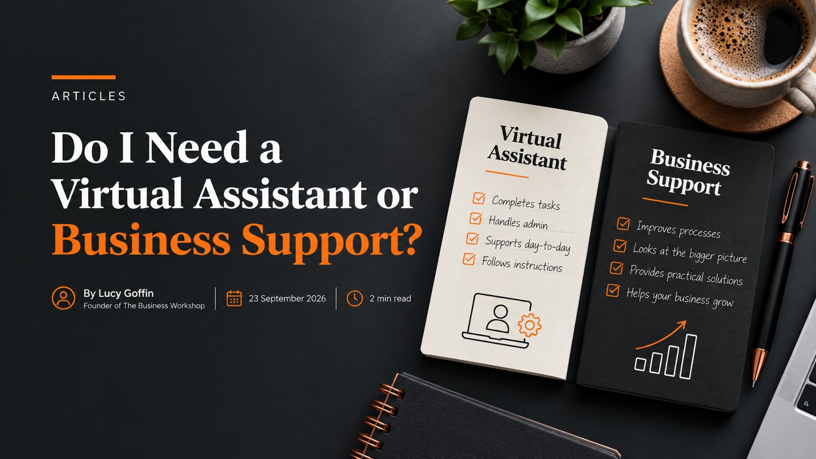 Virtual assistant versus business support article graphic.