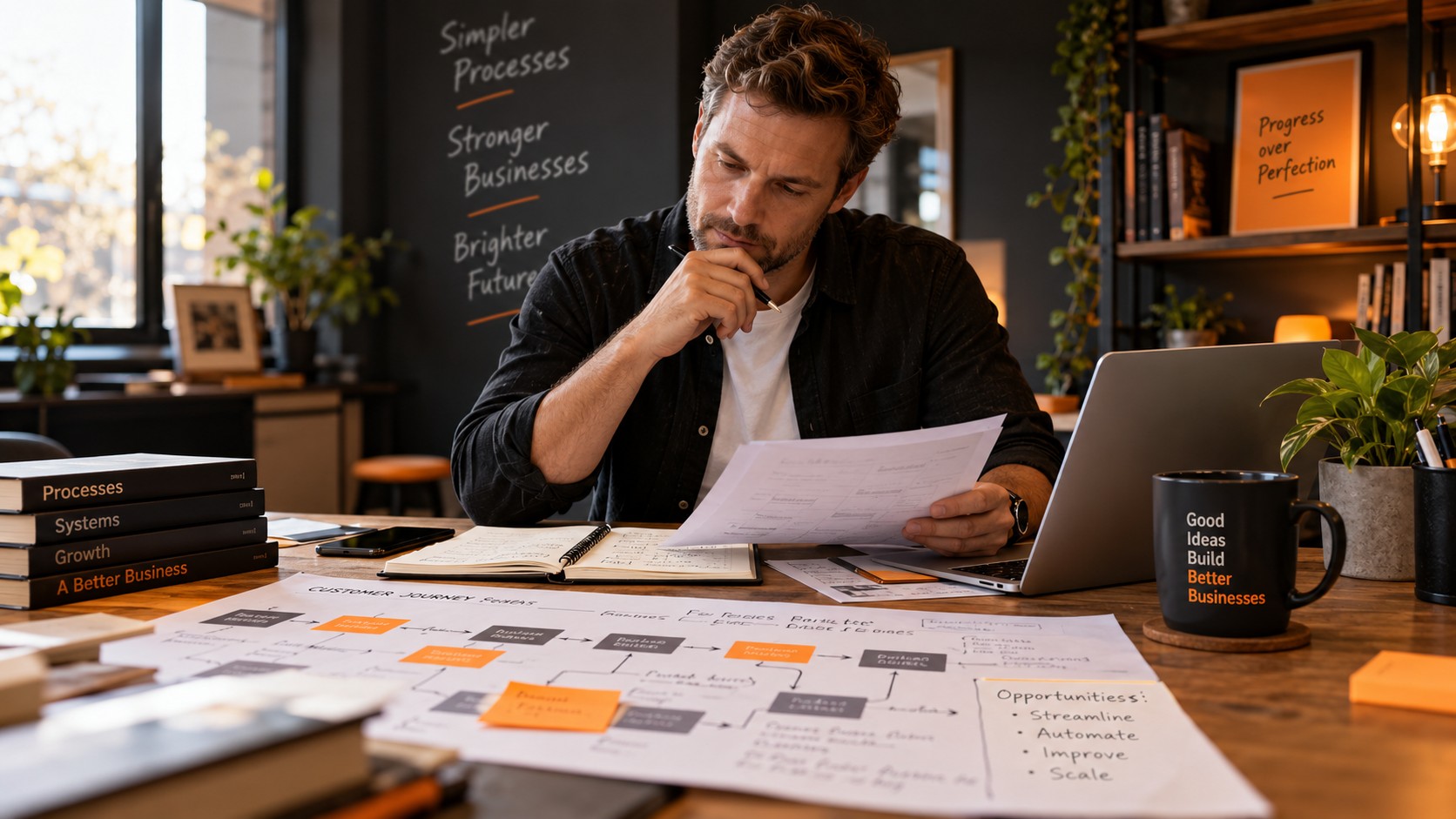 Business owner reviewing paperwork, workflow and planning documents.