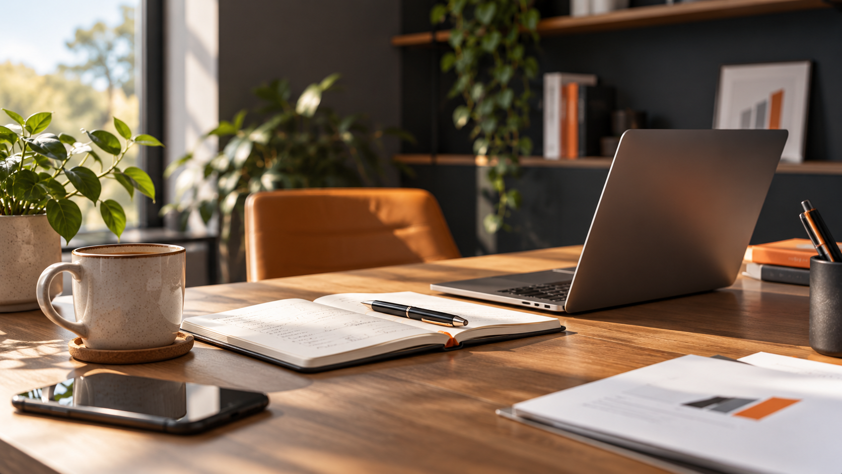 Professional workspace with laptop, notebook and business planning materials.
