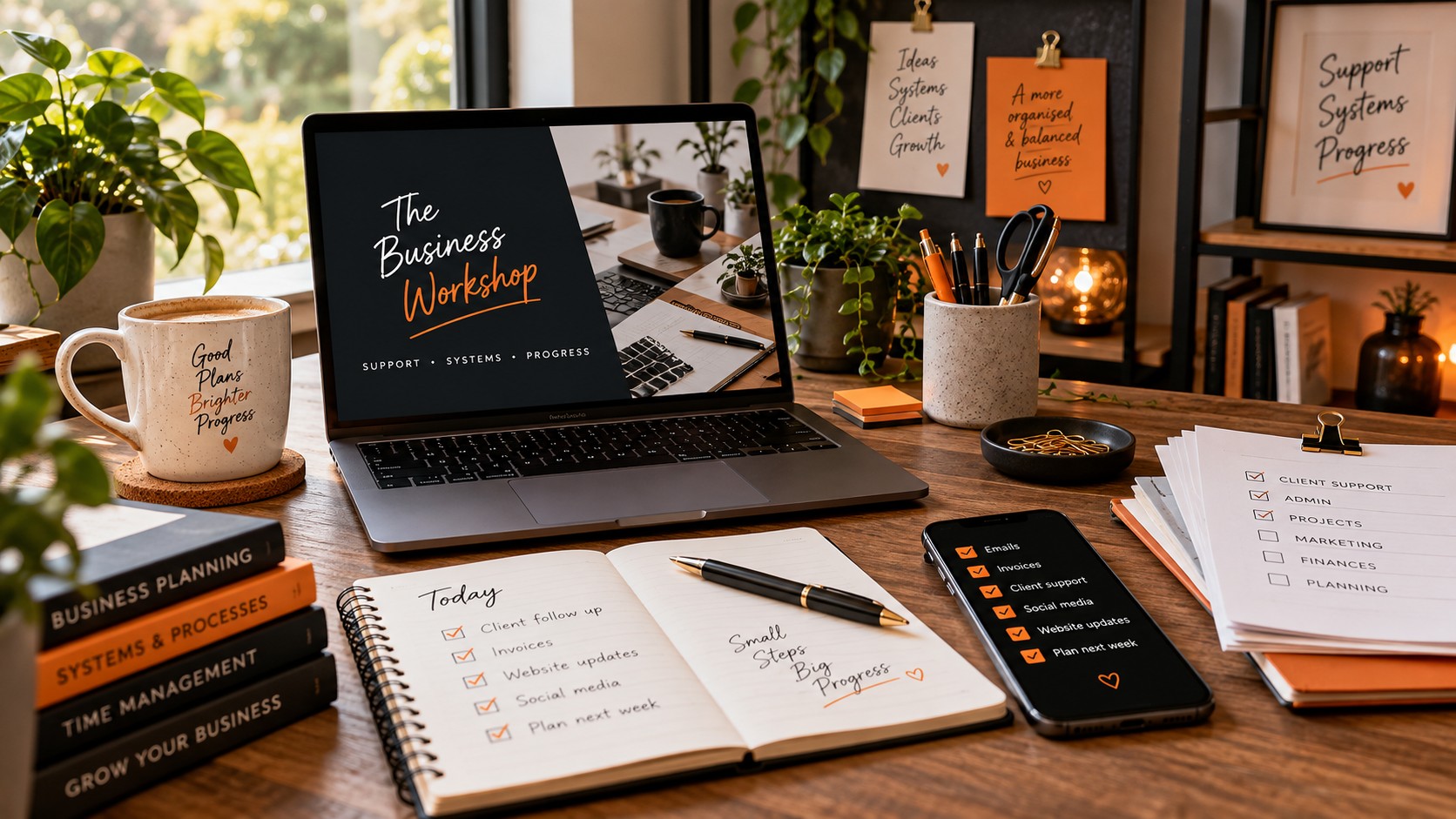 Remote business support workspace with planning, admin tasks and digital tools.