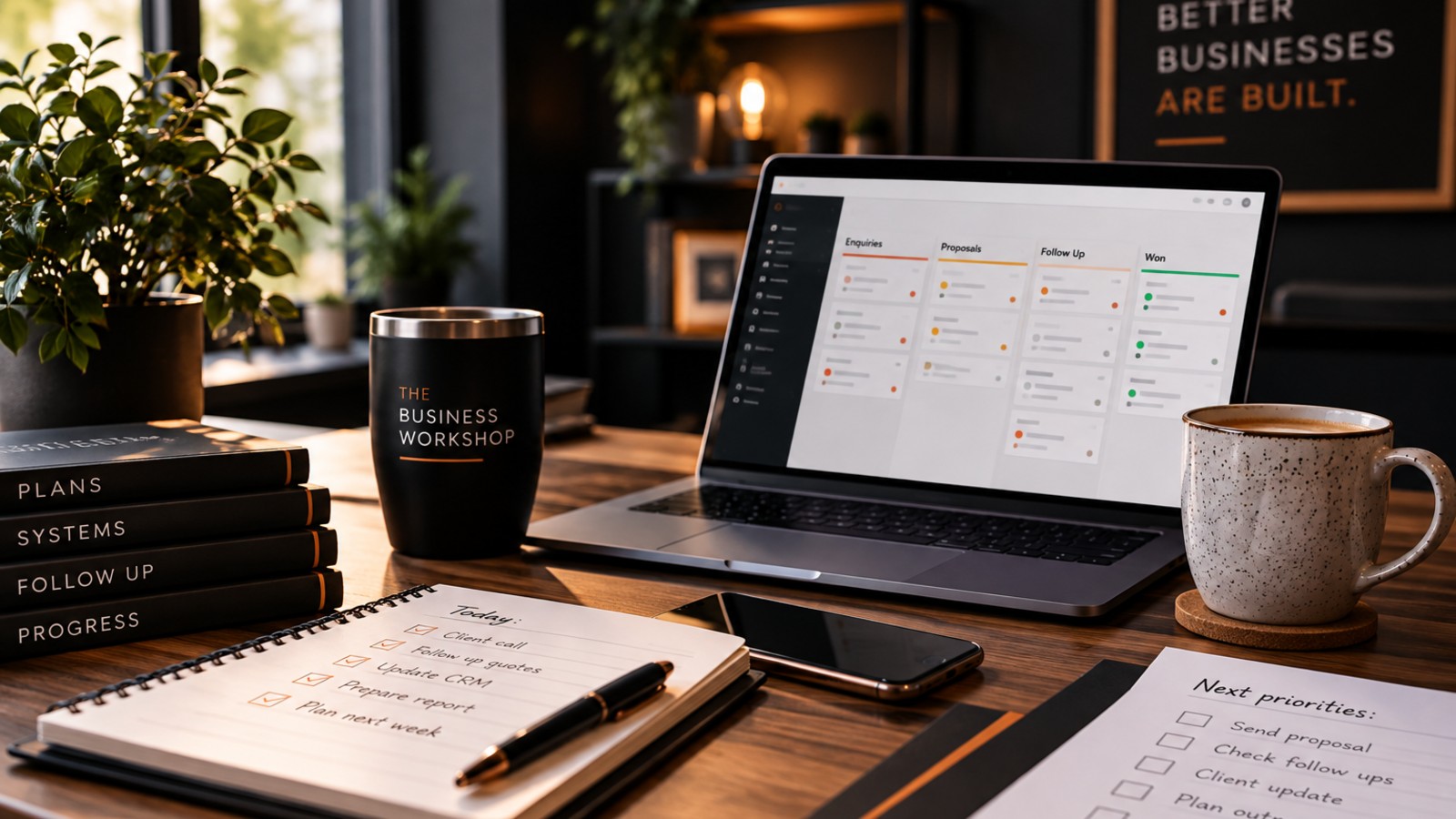 Organised workspace showing CRM, task planning and business support activity.
