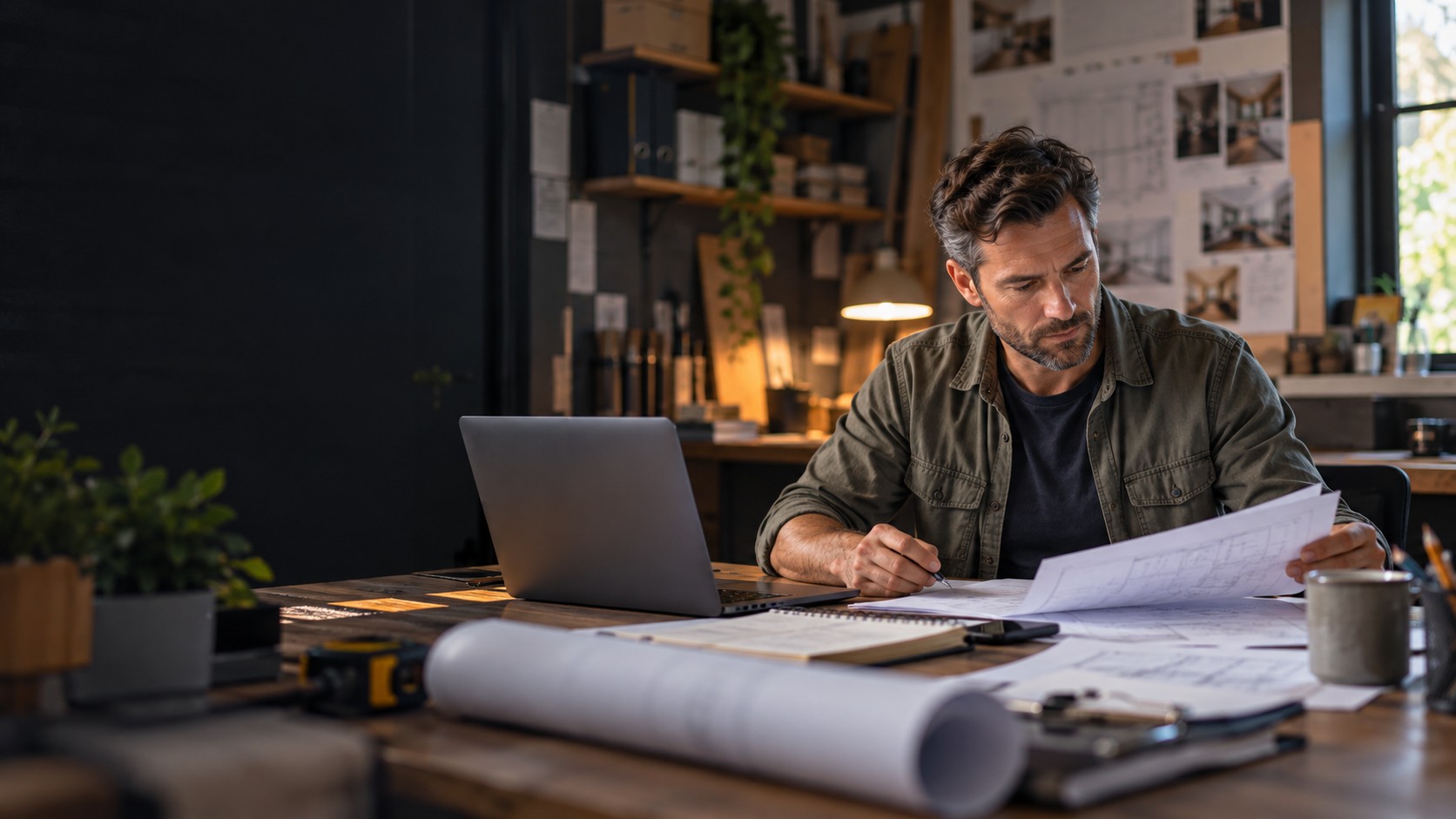 Business owner reviewing plans and business processes at a desk.