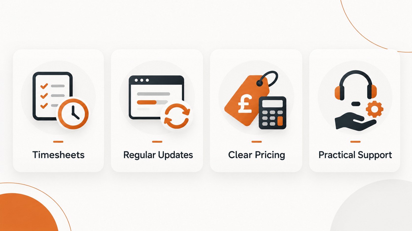 Timesheets, regular updates, clear pricing and practical support.