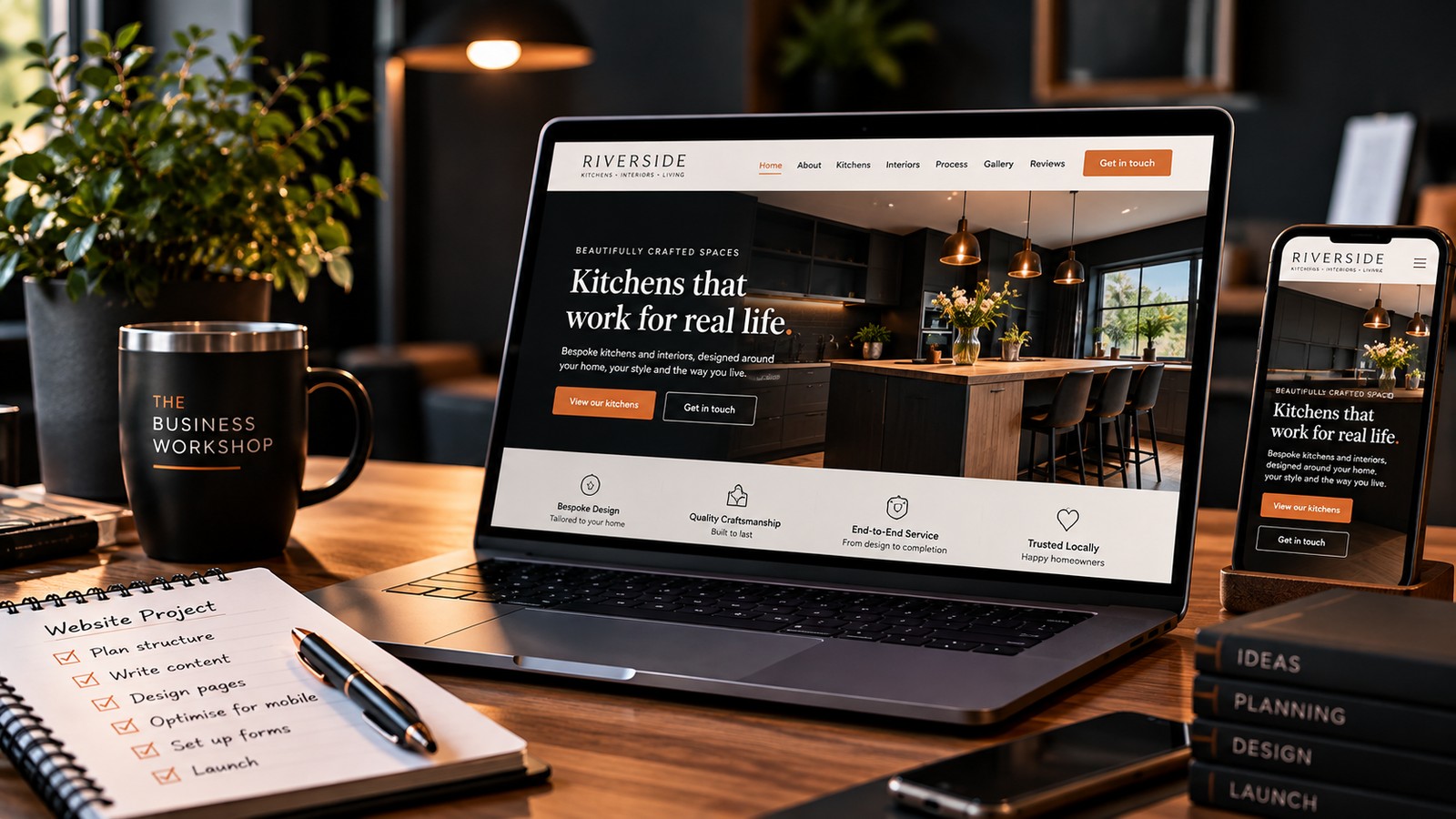 Example small-business website displayed on a laptop and mobile phone.
