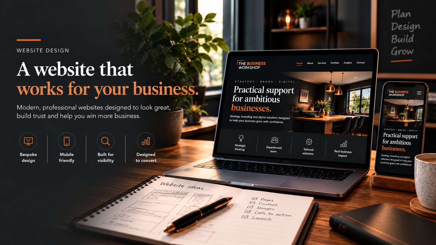 Example responsive business website shown on laptop and mobile devices.