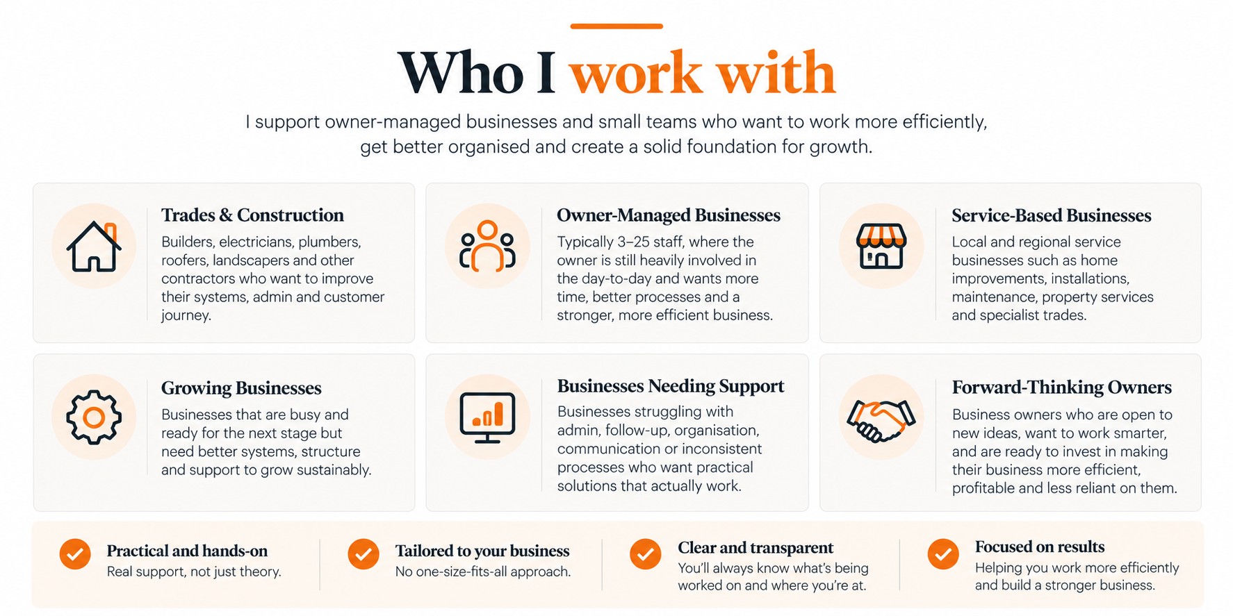 Types of businesses supported by The Business Workshop, including trades, owner-managed businesses, service businesses and growing businesses.